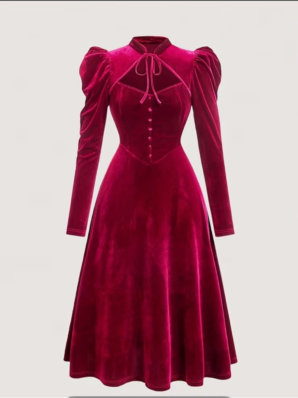 Women’s Red Velvet Fit-and-Flare Midi Dress Long Puffed Sleeve Size L